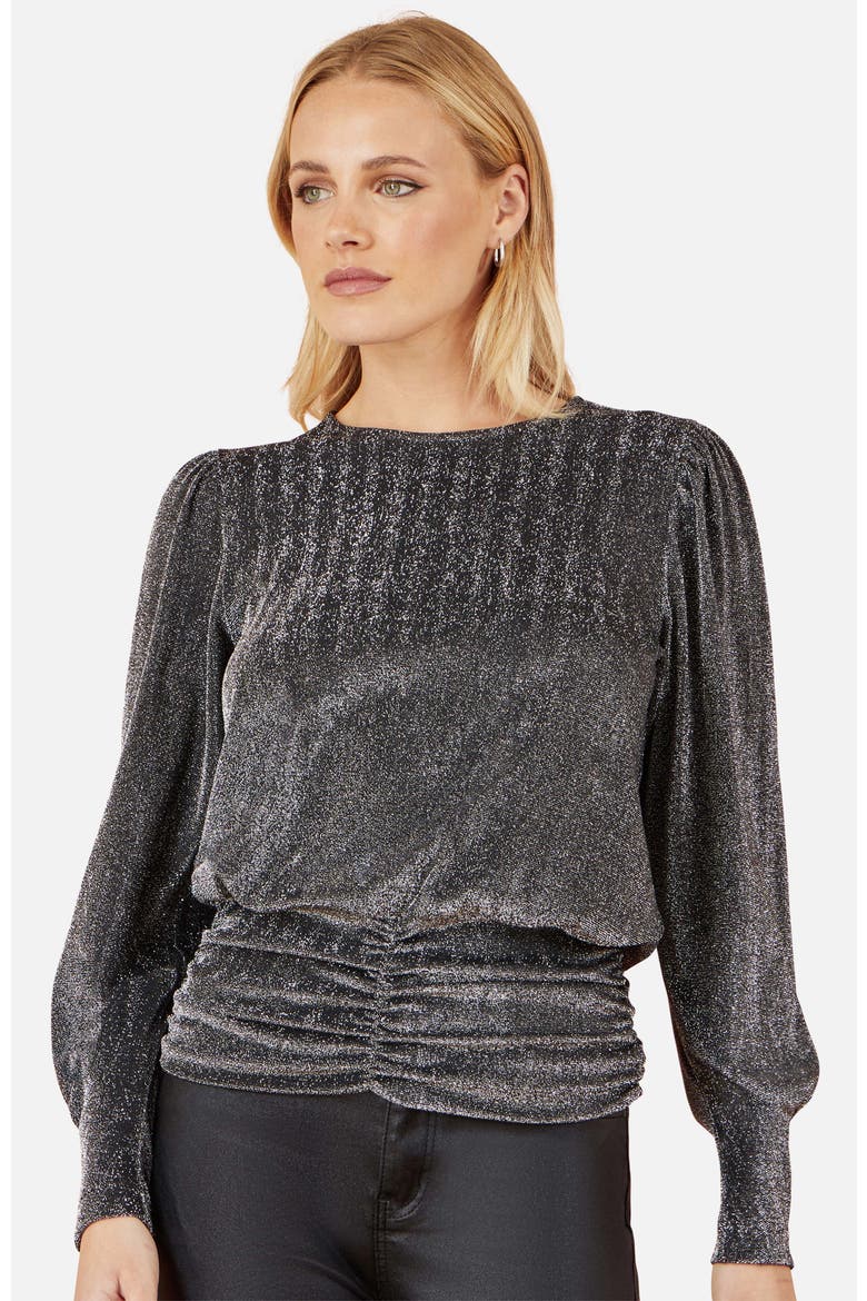 Metallic Stretch Ruched Hem Top, Alternate, color, Black