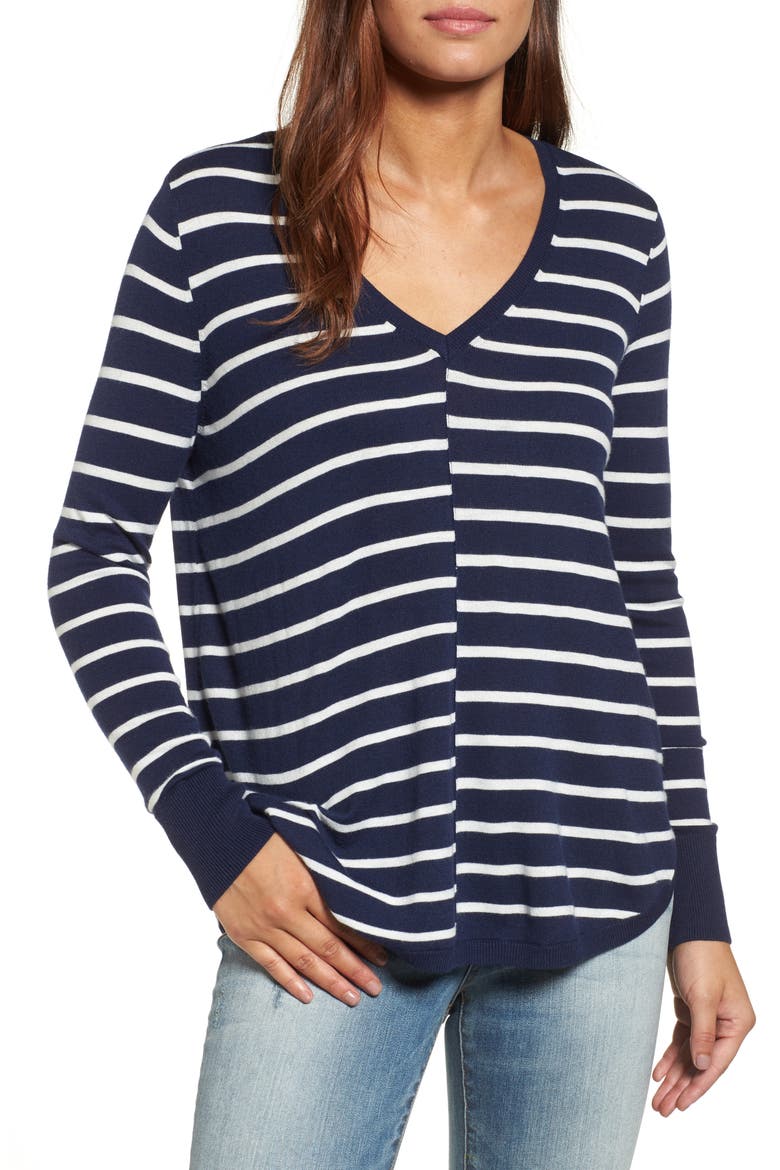 High-Low V-Neck Sweater, Main, color, NAVY- IVORY STRIPE