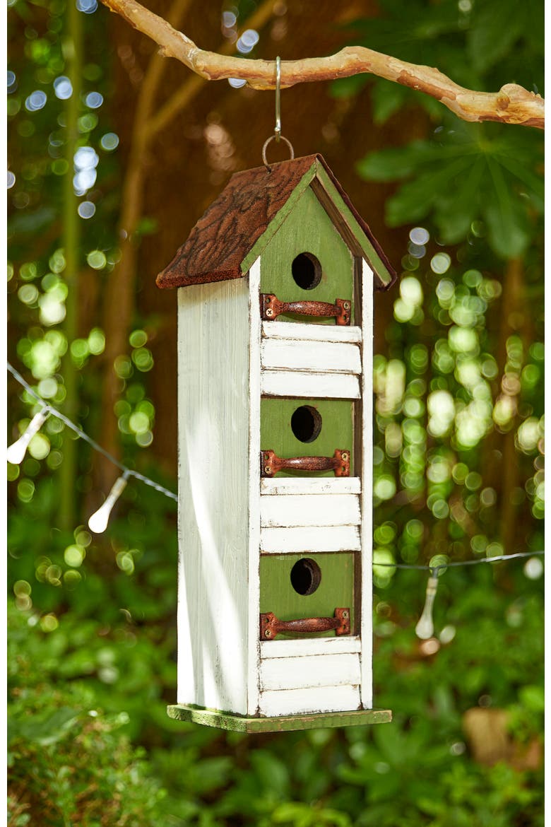 18"H Solid Wood Cottage with Shutter Texture Decorative Outdoor Garden Birdhouse, Alternate, color, Green