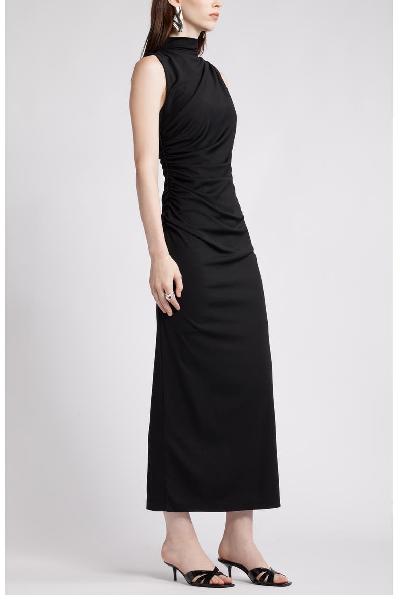 Ruched Mock Neck Sleeveless Maxi Dress, Alternate, color, BLACK