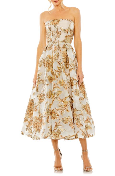 Women's Strapless Brocade Midi Dress with Pockets