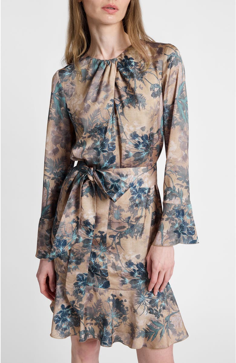 Santorelli Drake Long Sleeve Ruffled Skirt Shift Dress, Alternate, color, Dune