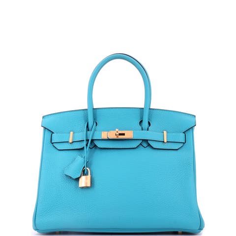 Birkin Handbag Blue Clemence With Gold Hardware 30