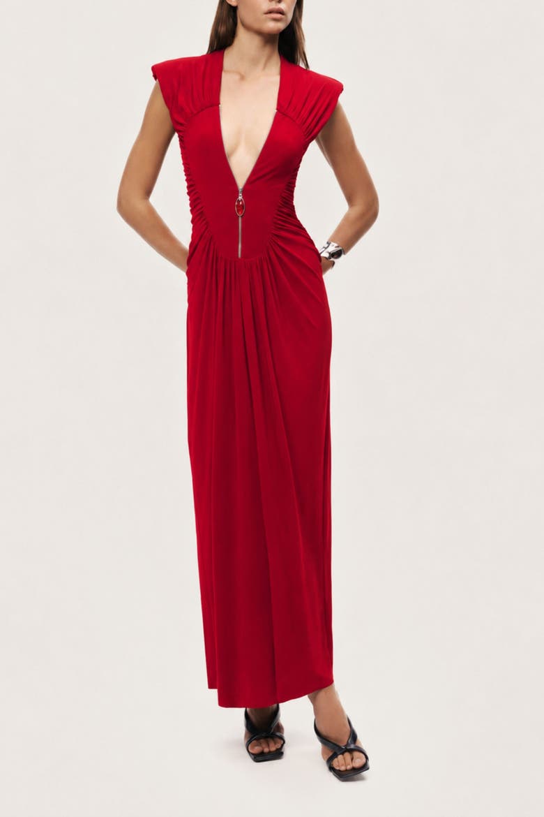 Ruched Deep V-Neck Maxi Dress, Alternate, color, Red