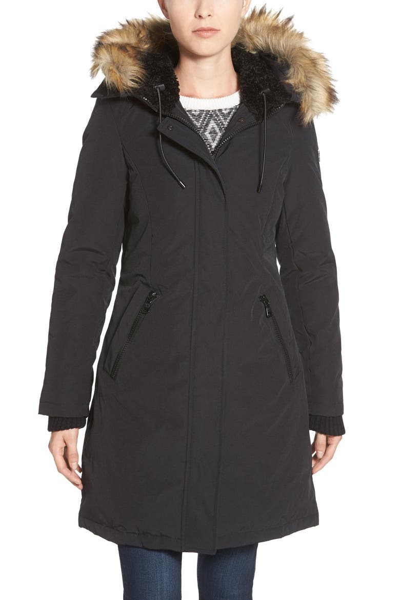 Down & Feather Fill Parka with Faux Fur Trim, Main, color, BLACK