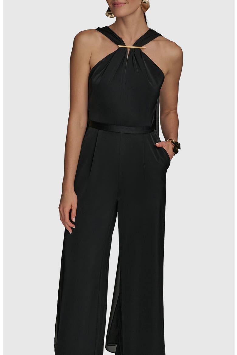 Halter Neck Chiffon & Satin Jumpsuit, Alternate, color, BLACK