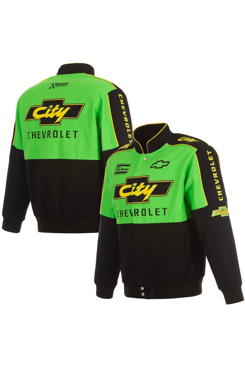 Men's JH Design Black/Green NASCAR City Chevrolet Legend Full-Snap Twill Uniform Jacket, Main, color, Black