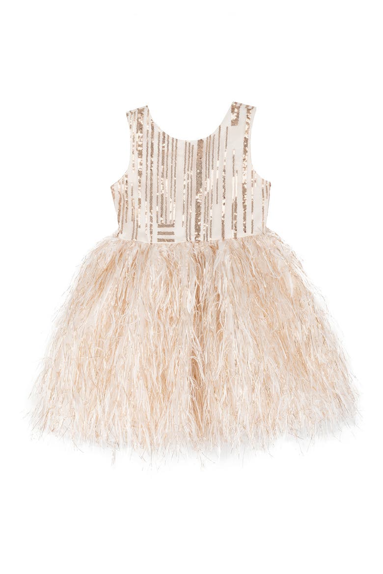 Kids' Rare Editions Sequin & Faux Feather Dress, Main, color, IVORY