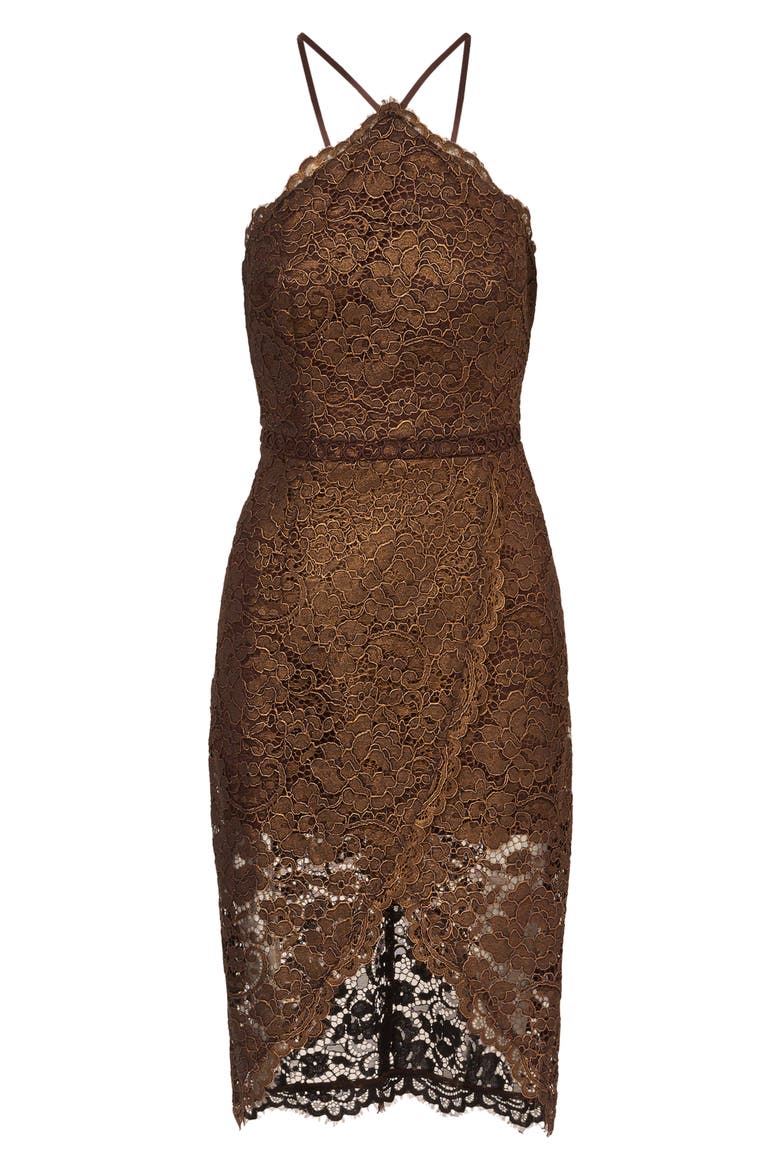 Metallic Lace Halter Cocktail Dress, Alternate, color, BRONZE