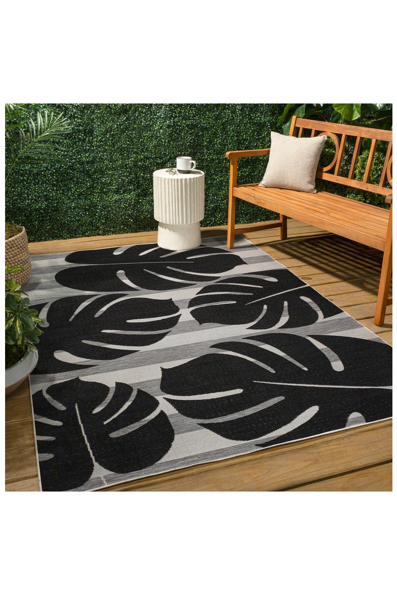 Allison Classic Beach Stripe and Monstera Leaf Indoor/Outdoor Rug, Alternate, color, Black/Gray