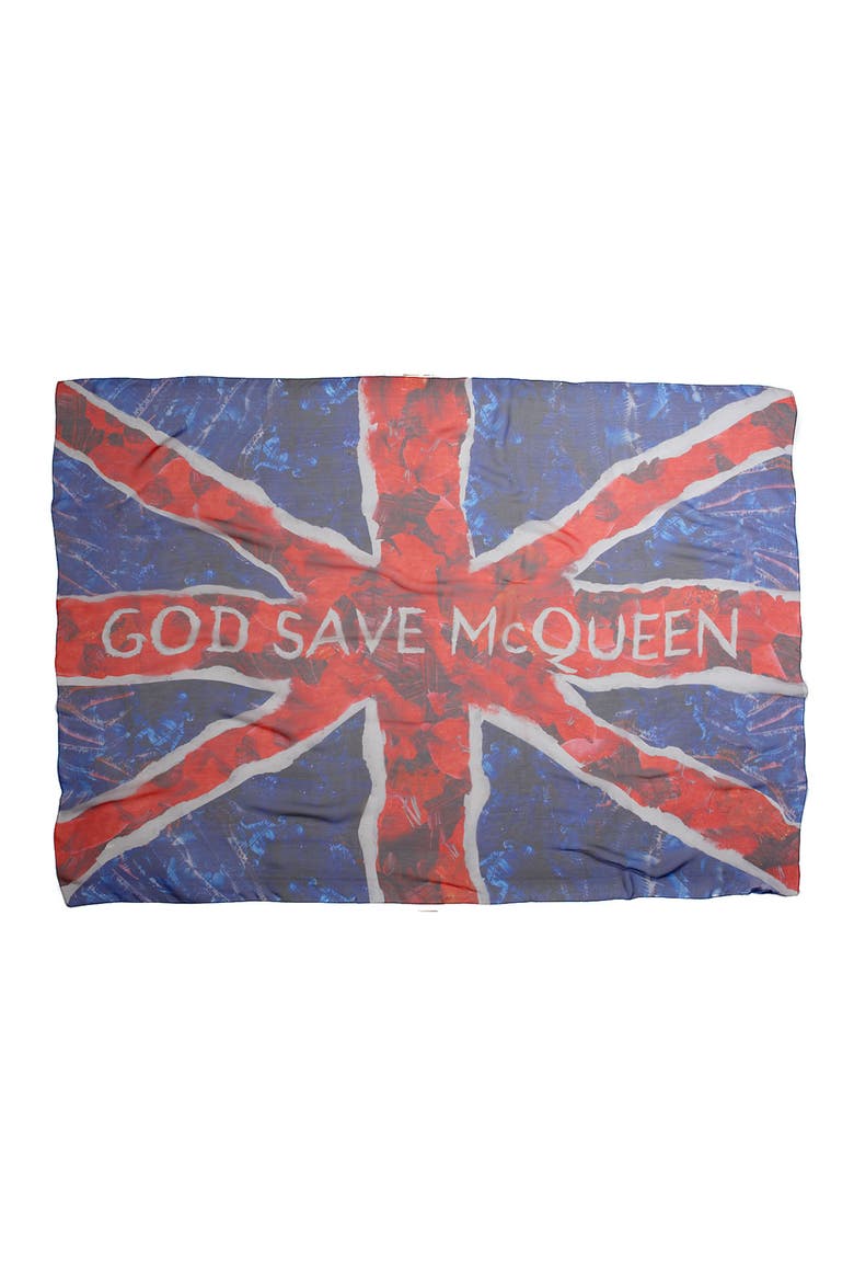 Alexander McQueen 'God Save McQueen' Silk Scarf, Alternate, color, RED/BLUE