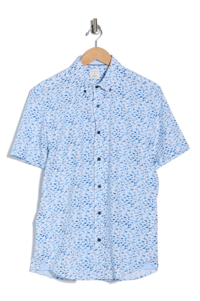 Slim Fit Fish Floral Print Short Sleeve Button-Down Shirt, Alternate, color, WHITE/ TEAL