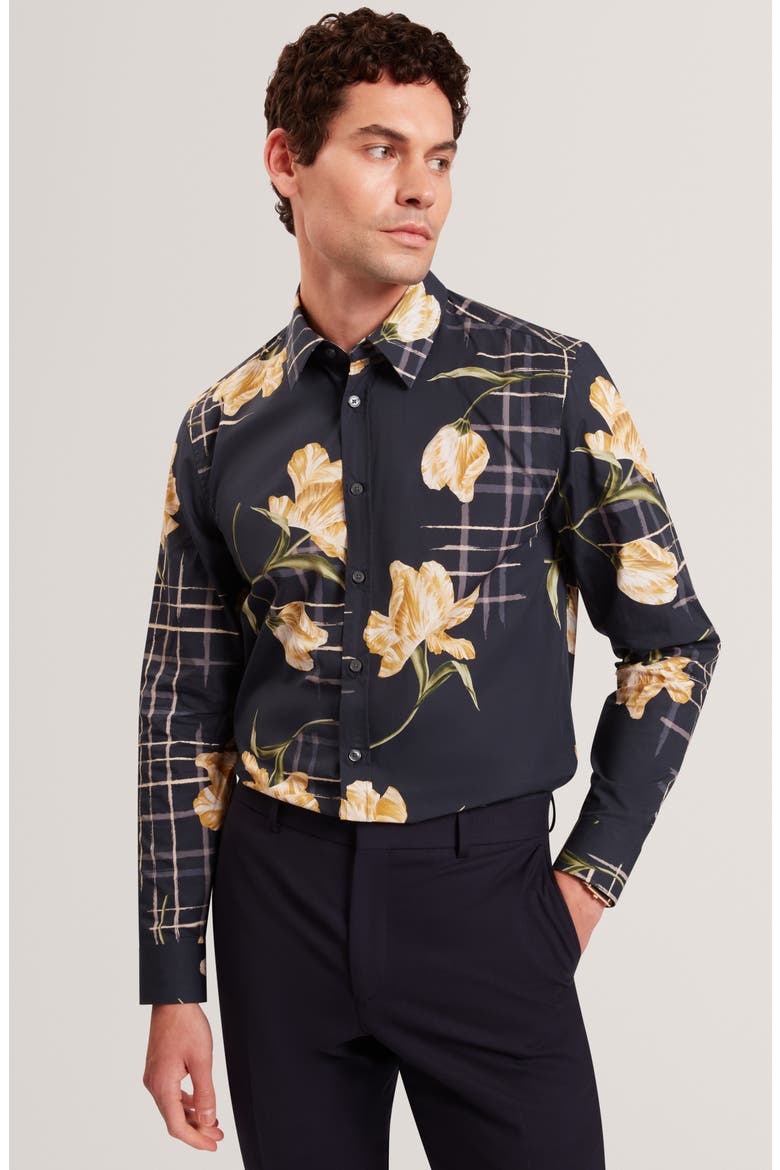 Quorik Floral Print Button-Up Shirt, Alternate, color, NAVY