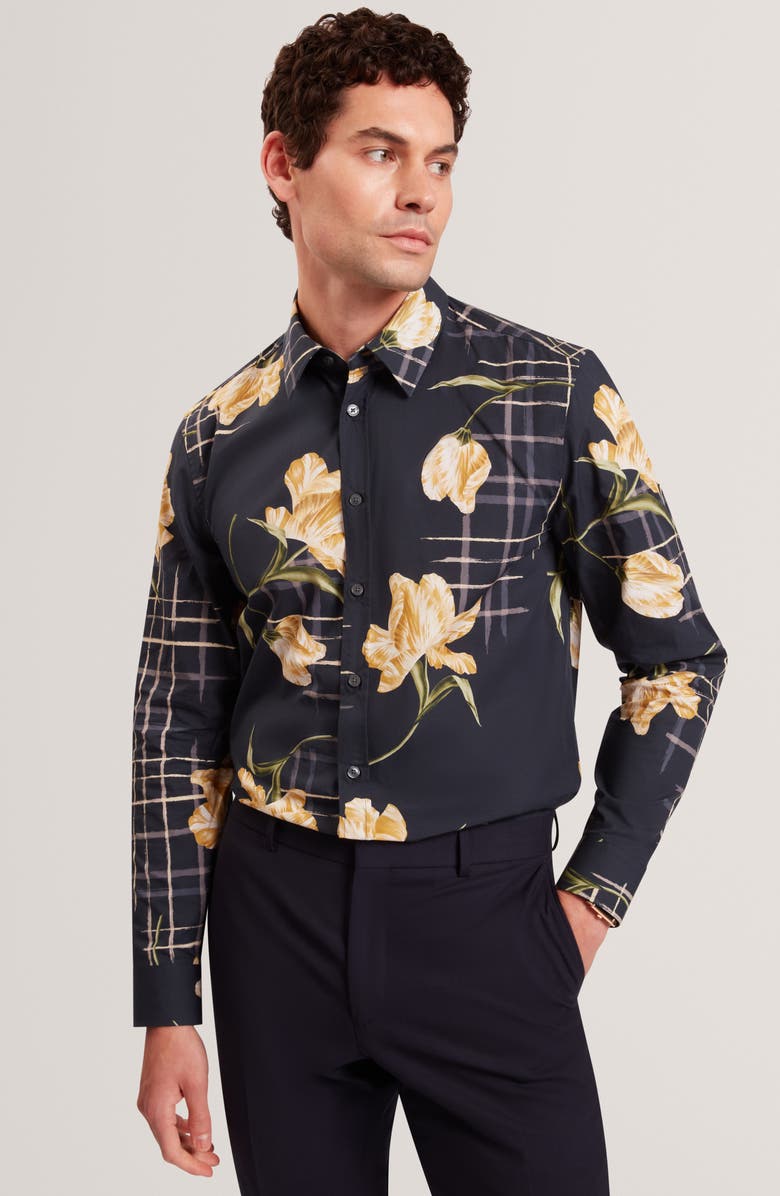 Ted Baker Quorik Floral Print Button-Up Shirt, Alternate, color, Navy