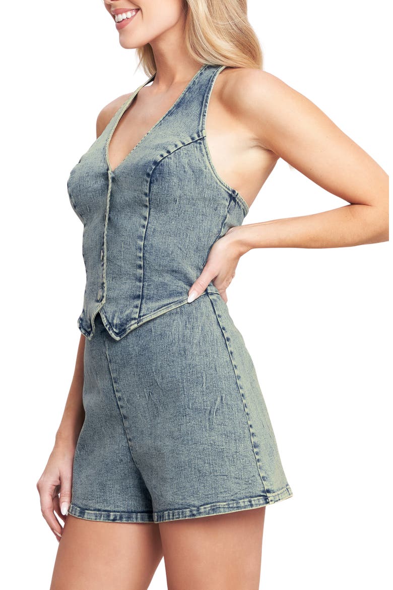 Plunge Neck Halter Denim Romper, Alternate, color, DENIM ACID