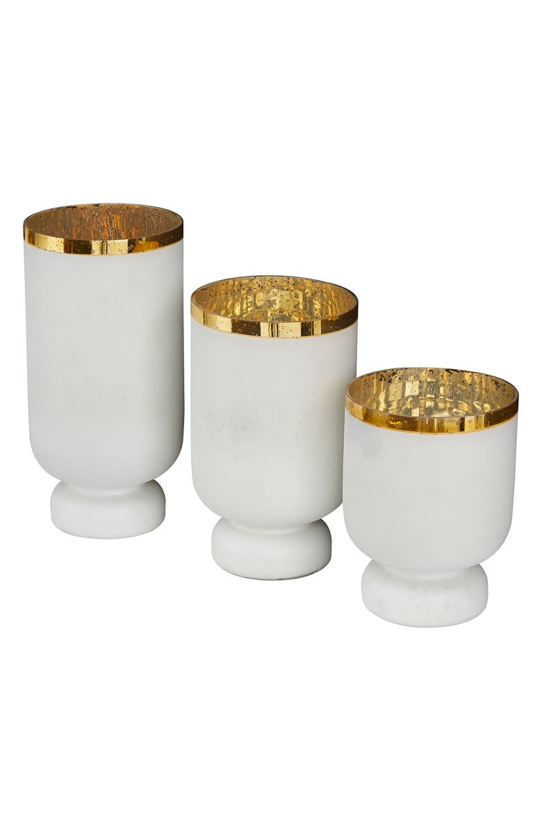 VIVIAN LUNE HOME White Glass Pillar Hurricane Lamp with Goldtone Interior - Set of 3, Alternate, color, White