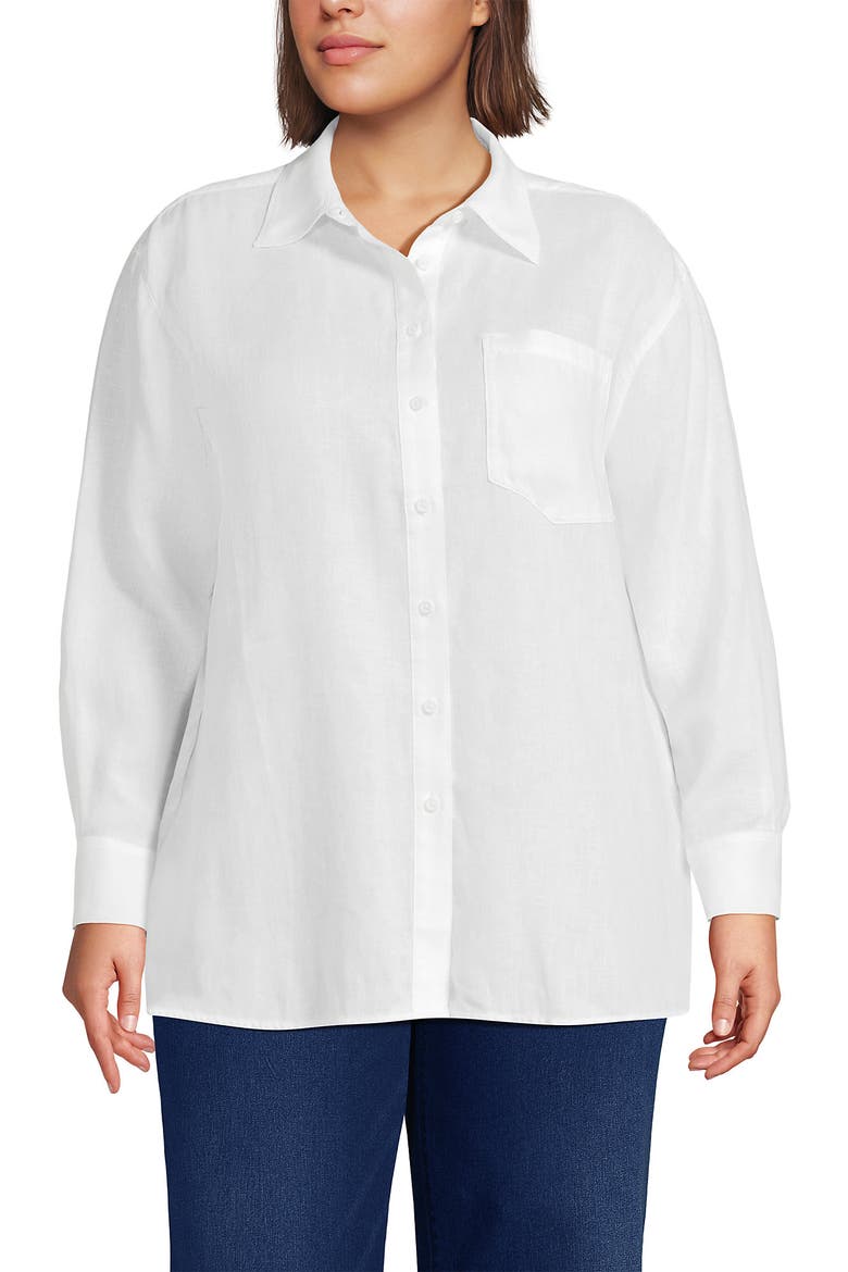 Plus Size Linen Oversized Button Front Shirt, Main, color, White