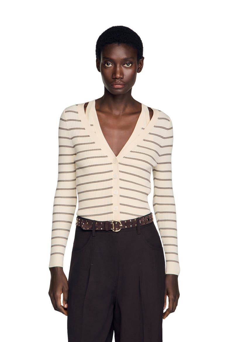 Striped ribbed cardigan, Main, color, Ecru / brown