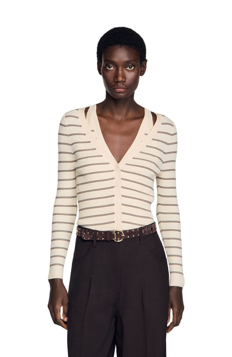 SANDRO Striped ribbed cardigan, Main, color, Ecru / Brown