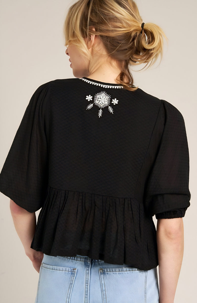Knit and Lounge Boho Embroidered Peasant Blouse with Puff Sleeves, Alternate, color, Black