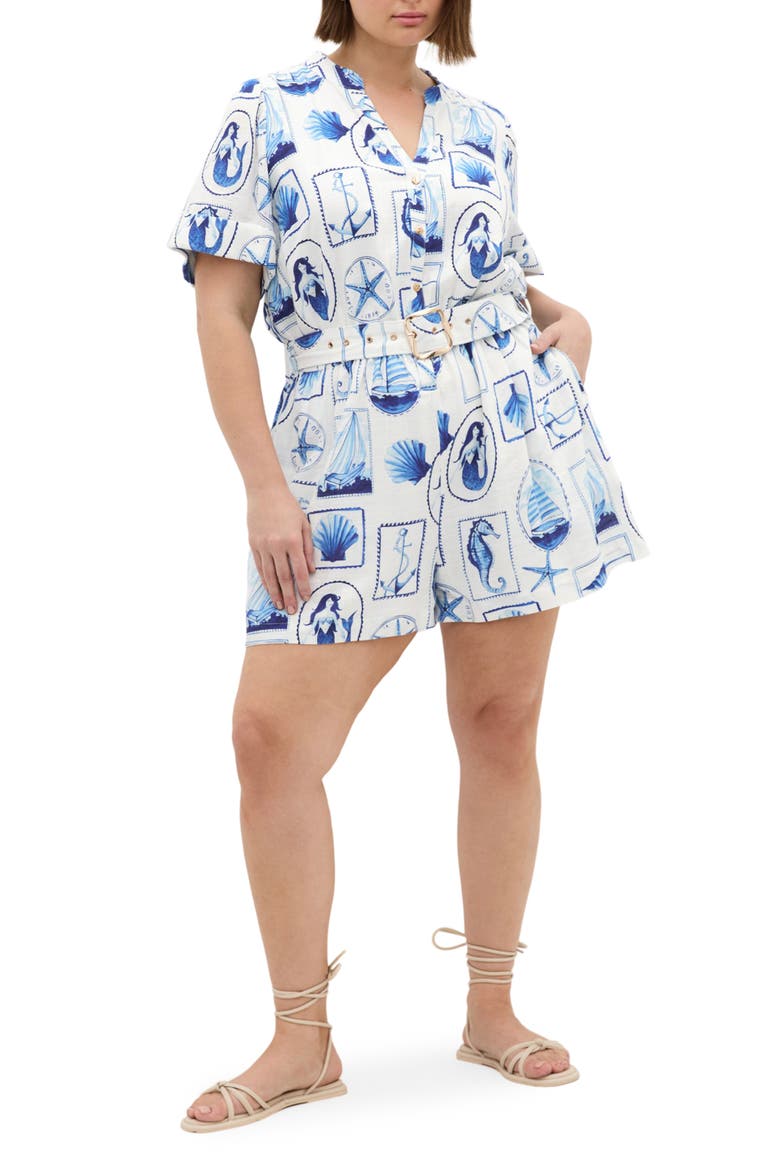 Elise Amalfi Print Belted Button Front Romper, Main, color, AMALFI POSTCARD