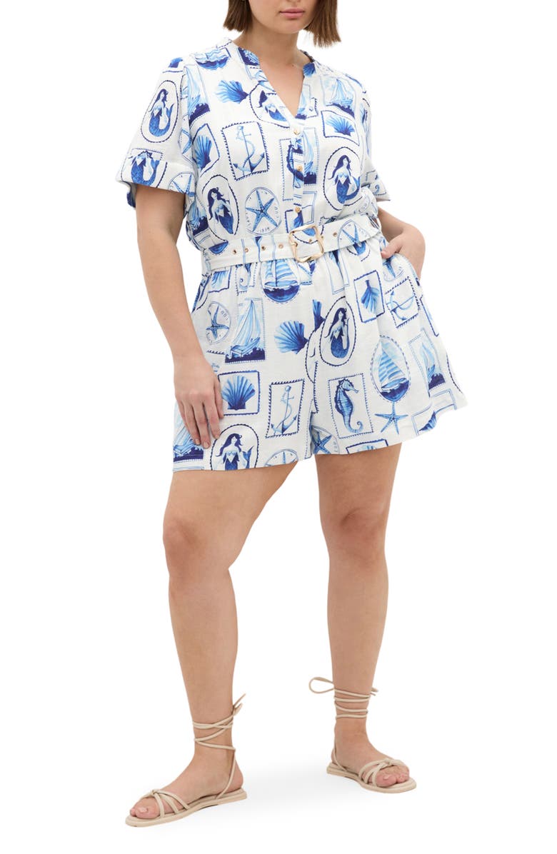 City Chic Elise Amalfi Print Belted Button Front Romper, Main, color, 