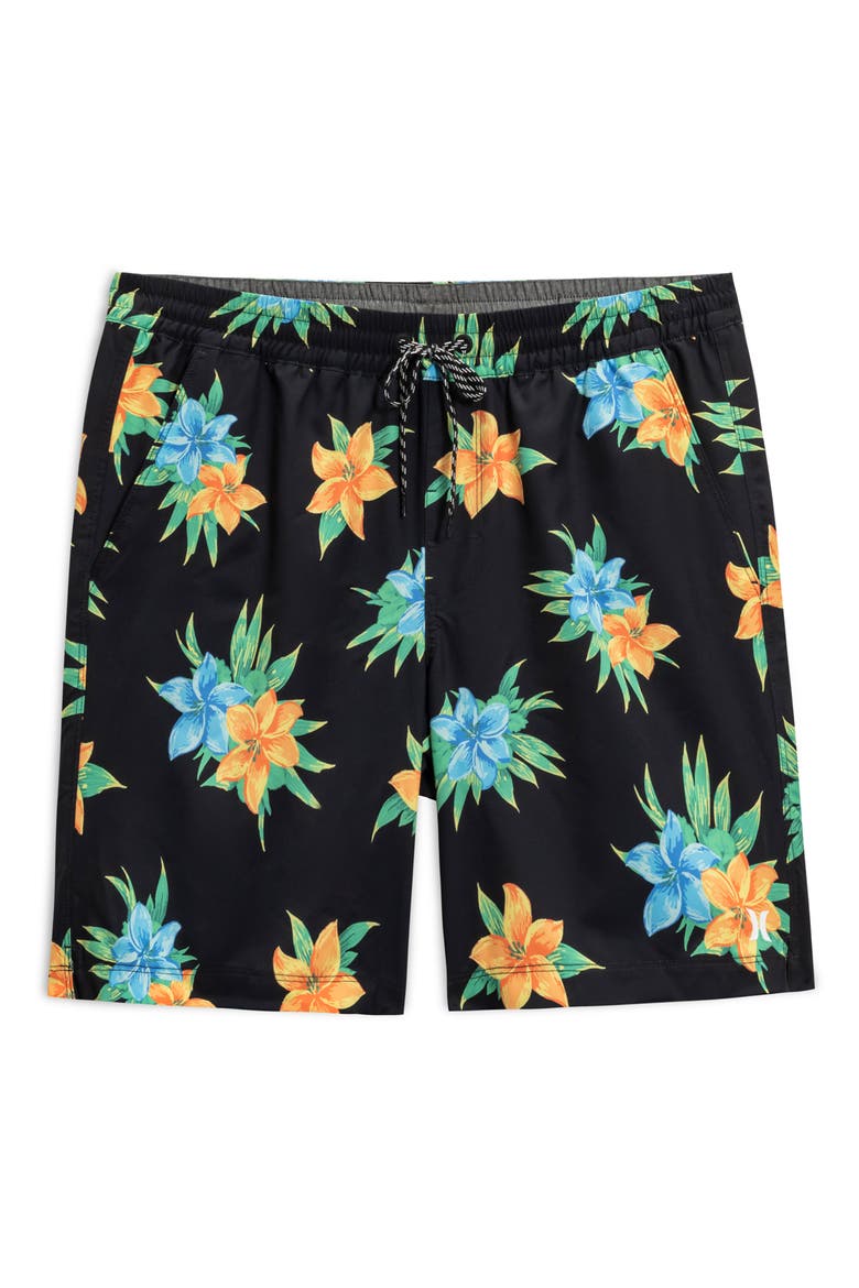 Glow Floral Volley Swim Shorts, Main, color, BLACK