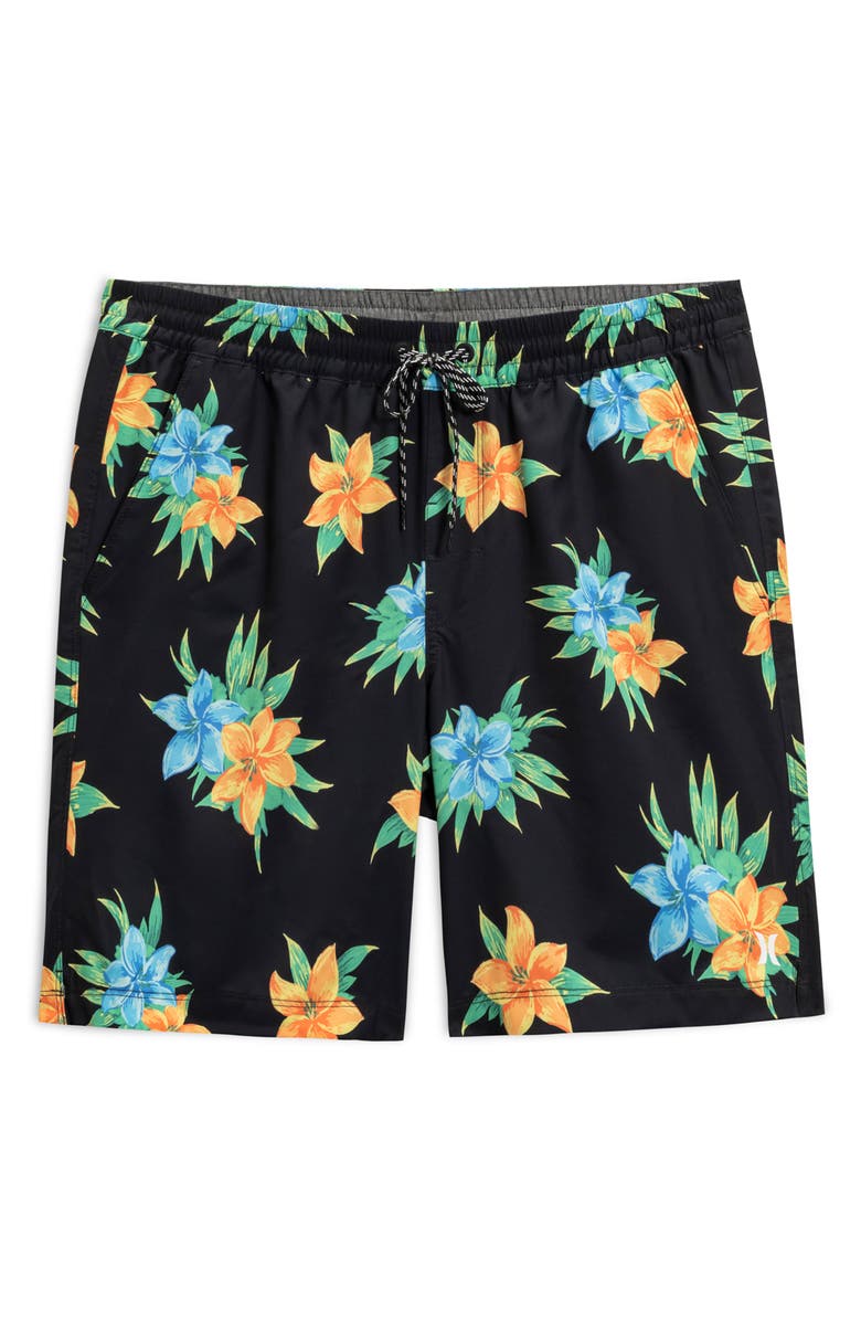 Hurley Glow Floral Volley Swim Shorts, Main, color, Black