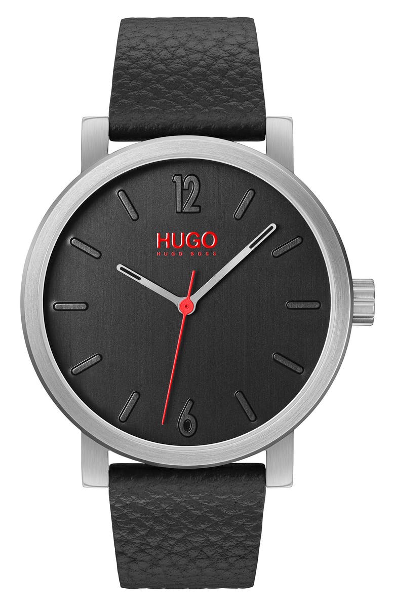 BOSS Rase Leather Strap Watch, 42mm, Main, color, Black