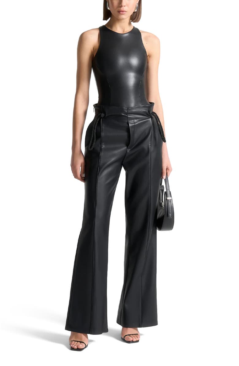 Manière De Voir Josie Leather Racer Neck Bodysuit, Main, color,