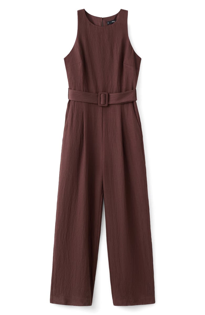MANGO Sleeveless Belted Jumpsuit, Main, color, Brown