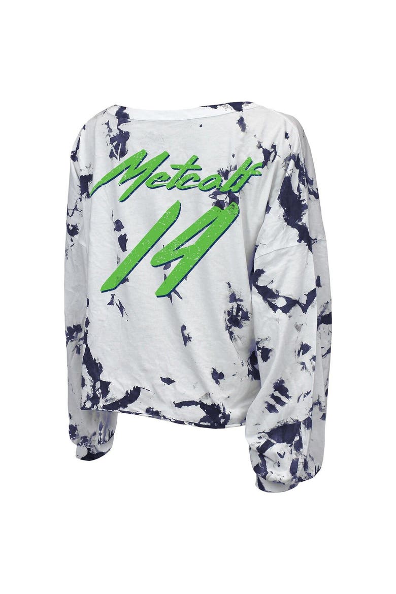 Women's Majestic Threads DK Metcalf White Seattle Seahawks Off-Shoulder Tie-Dye Name & Number Long Sleeve V-Neck Crop-Top T-Shirt, Alternate, color, White