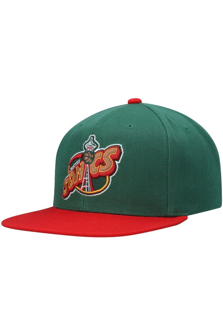Men's Mitchell & Ness Green/Red Seattle SuperSonics Hardwood Classics Snapback Hat, Alternate, color, Green