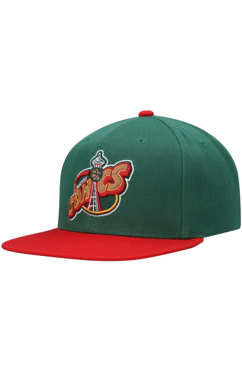 Mitchell & Ness Men's Mitchell & Ness Green/Red Seattle SuperSonics Hardwood Classics Snapback Hat, Alternate, color, 