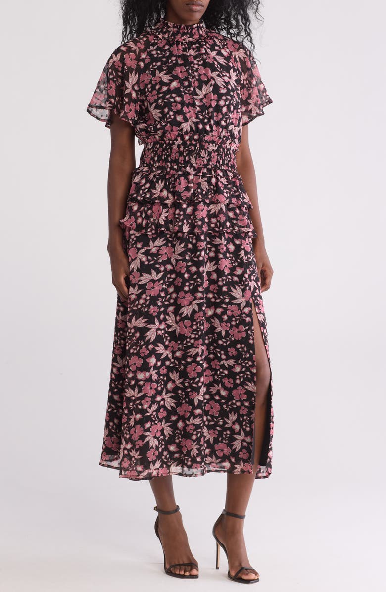 Mila Mae Floral Short Sleeve Chiffon Maxi Dress, Main, color, Black Wine Floral
