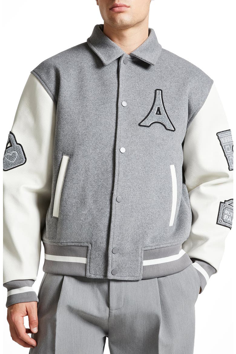 Oscar Mona Lisa Wool Blend Varsity Jacket, Main, color, Grey