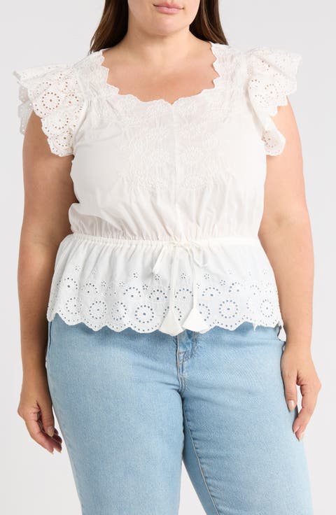 Embroidered Eyelet Flutter Sleeve Peplum Top (Plus)