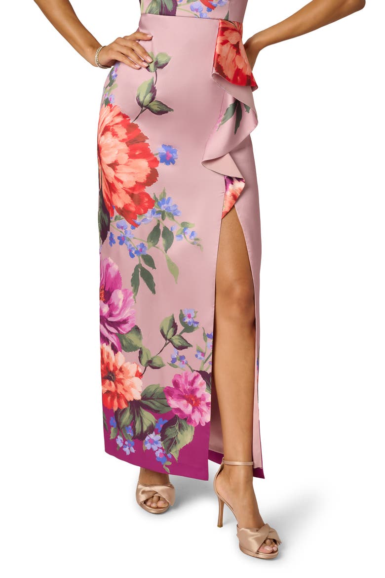 Floral Waterfall Ruffle Mikado Gown, Alternate, color, MAUVE MULTI