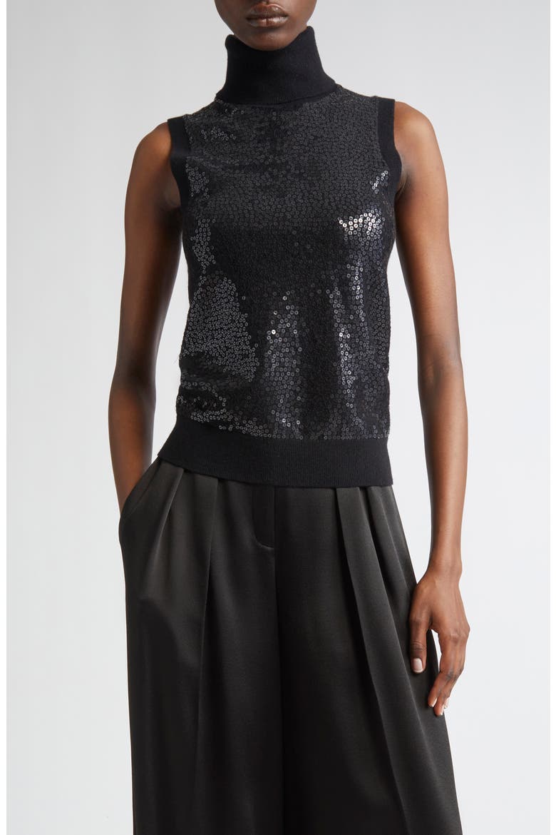 Sequin Embellished Sleeveless Cashmere Turtleneck Sweater, Main, color, BLACK