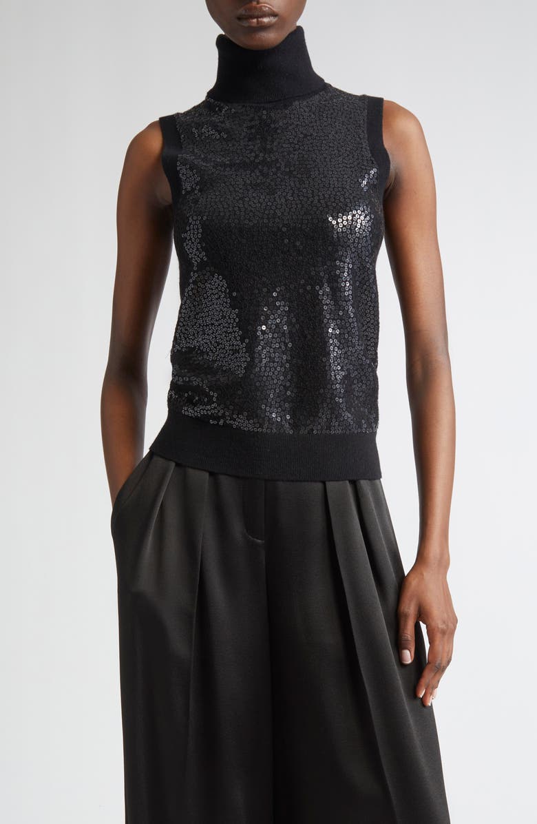 Michael Kors Collection Sequin Embellished Sleeveless Cashmere Turtleneck Sweater, Main, color, Black