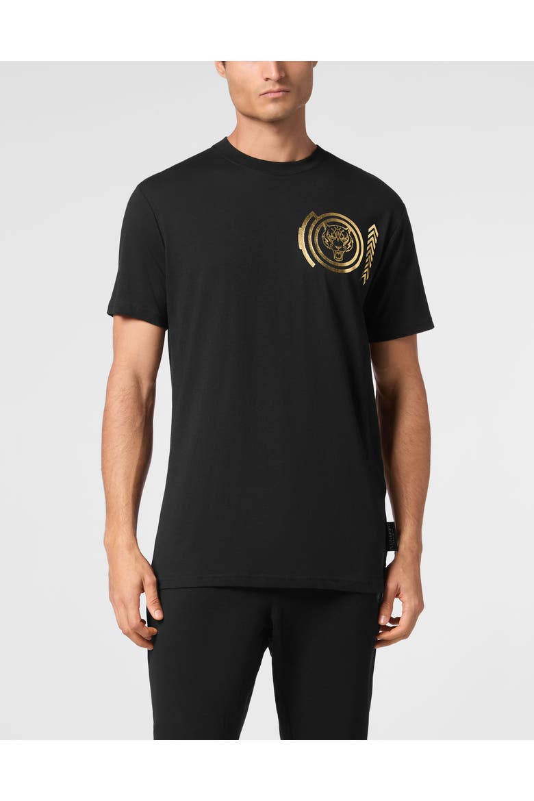 Cotton T-Shirt Round Neck Ss Lamina Tiger Men, Main, color, black/lightgold