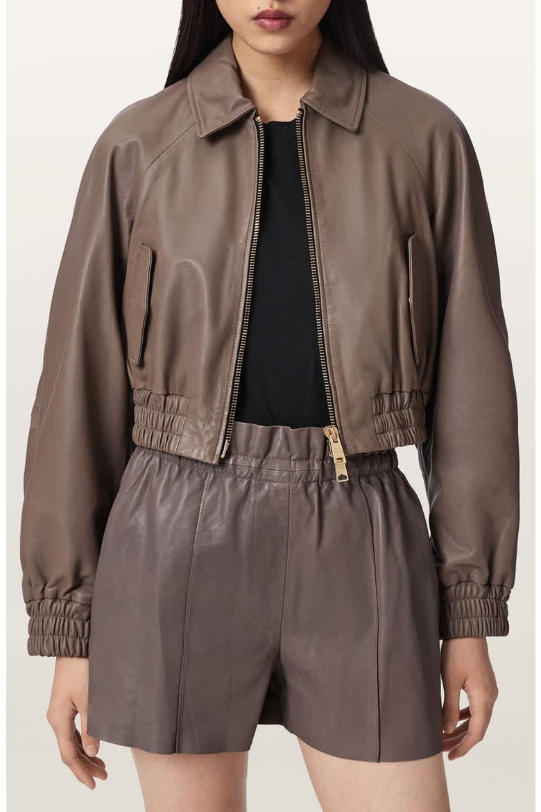 Anouk Leather Crop Bomber Jacket, Main, color, MOLE BROWN