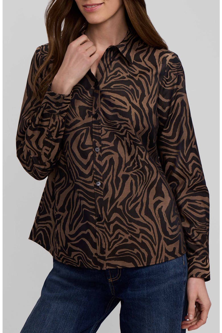Hampton Zebra Print Cotton Blend Button-Up Shirt, Main, color, ALMOND BROWN/ BLACK