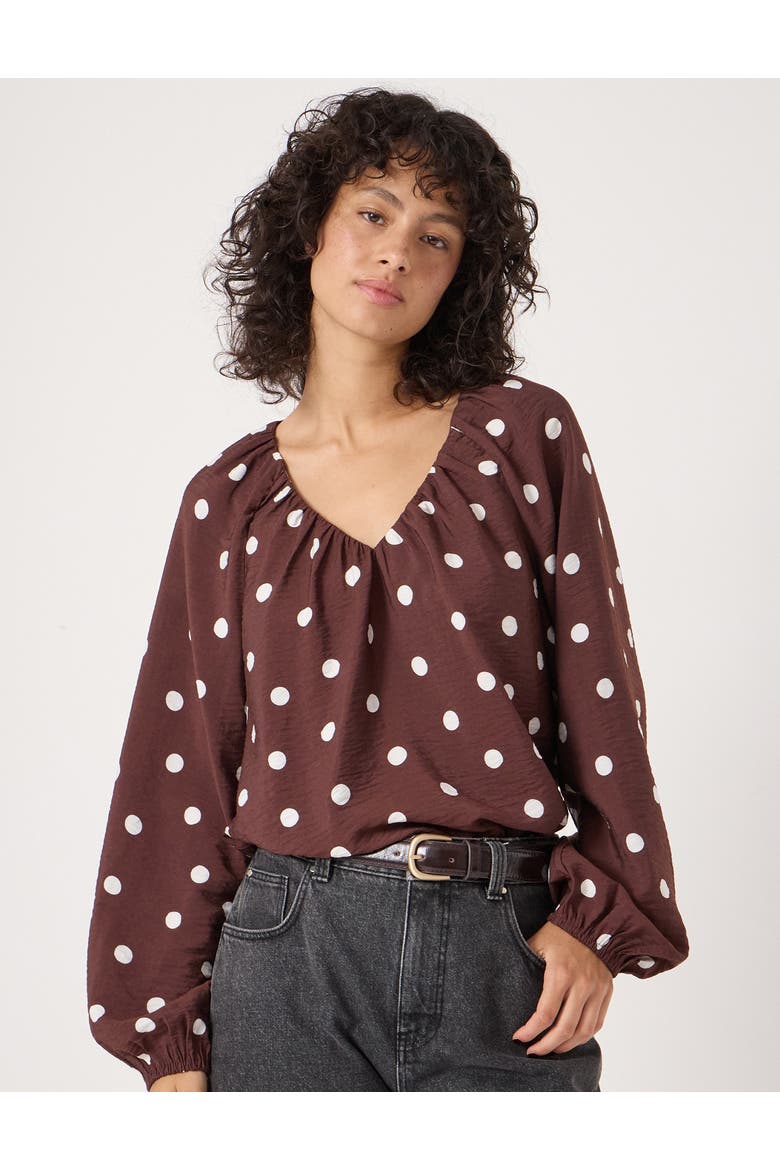 Printed Airflow V Neck Blouse, Main, color, Polka Dot Brown