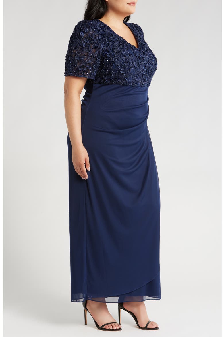 Embellished Short Sleeve Empire Waist Gown, Alternate, color, NAVY