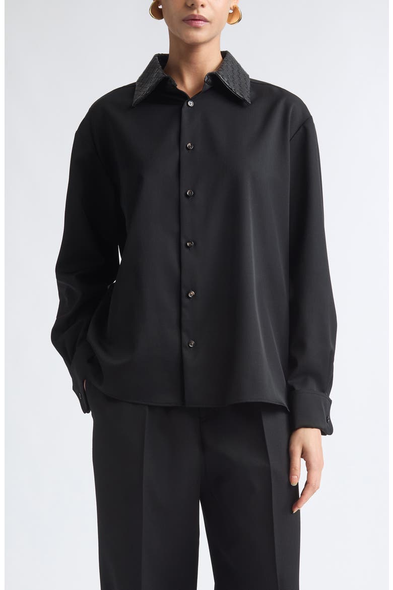Intrecciato Twill Button-Up Shirt with Leather Collar, Main, color, 1010 DOUBLE BLACK
