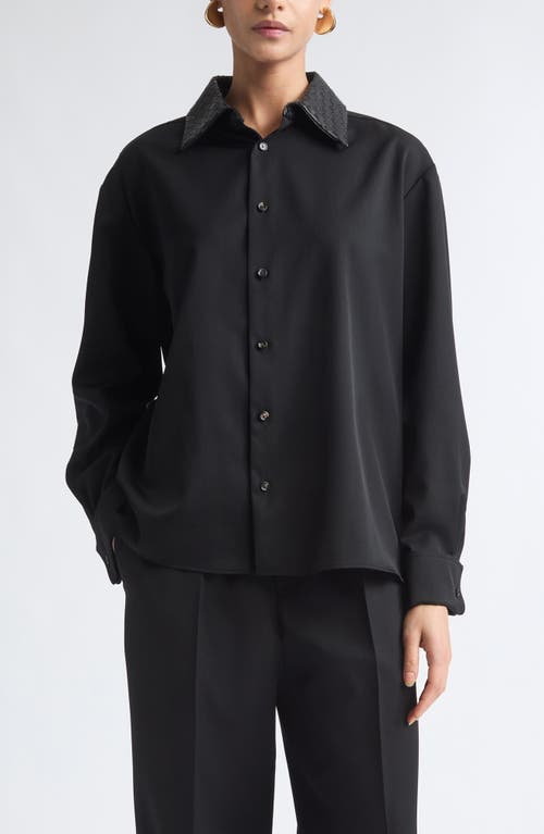 Bottega Veneta Intrecciato Twill Button-Up Shirt with Leather Collar in 1010 Double Black at Nordstrom, Size 42