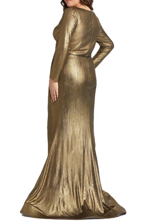 Mac Duggal Faux Wrap Metallic Evening Gown In Gold