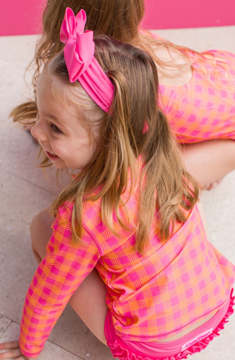 RuffleButts Sunset Sorbet Gingham Long Sleeve Two-Piece Swimsuit, Alternate, color, Sunset Sorbet