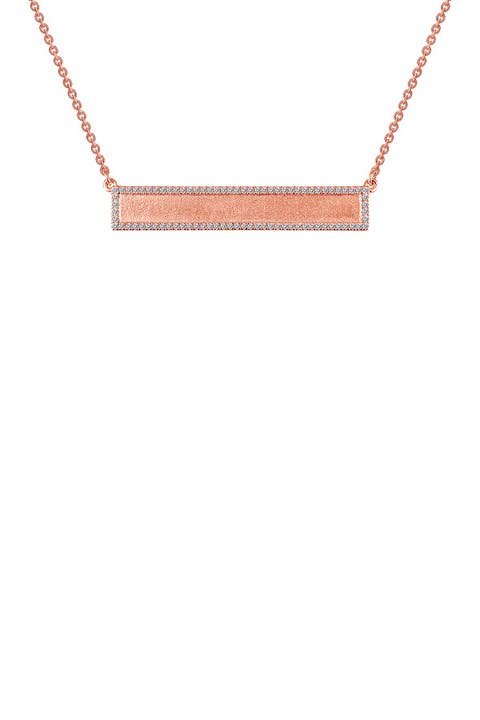 Rose Gold Plated Sterling Silver Pavé Simulated Diamond Halo Bar Pendant Necklace